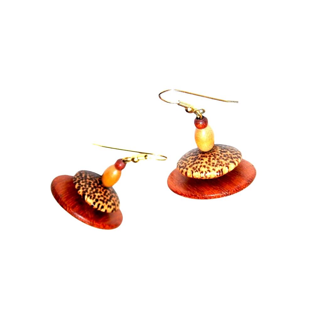 Vintage Natural Woman Wood Bead Saucer Earrings